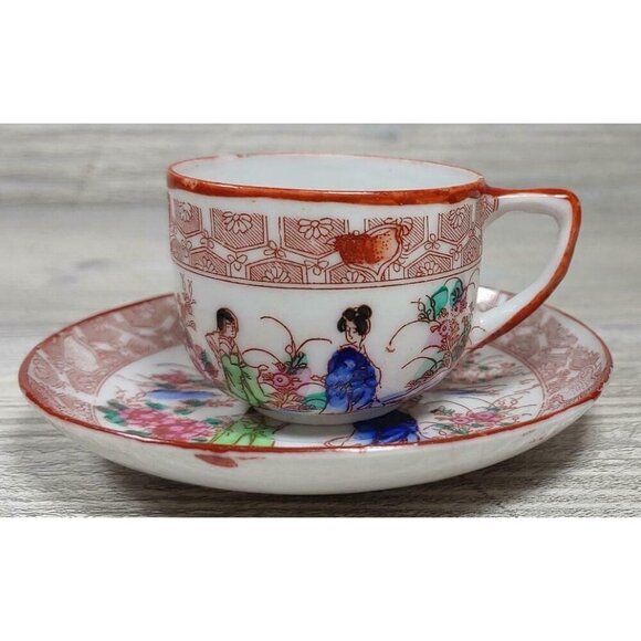 Japanese Kutani Geisha Lithophane Tea Cup & Saucer Set Red Blue White Vintage - Picture 1 of 11